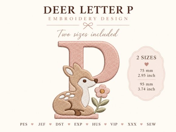 Monogram P Baby Deer Embroidery Design
