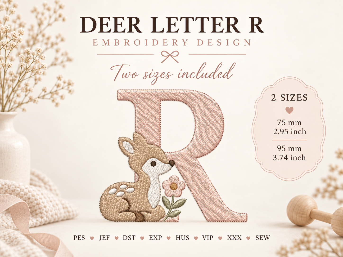 Monogram R Baby Deer Embroidery Design