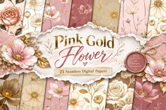 Pink Gold Flower Digital Papers