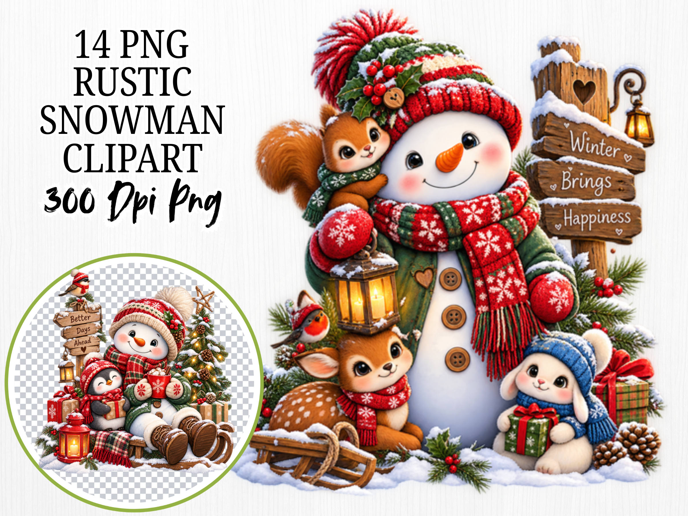 Rustic Snowman Clipart, Christmas Snowma