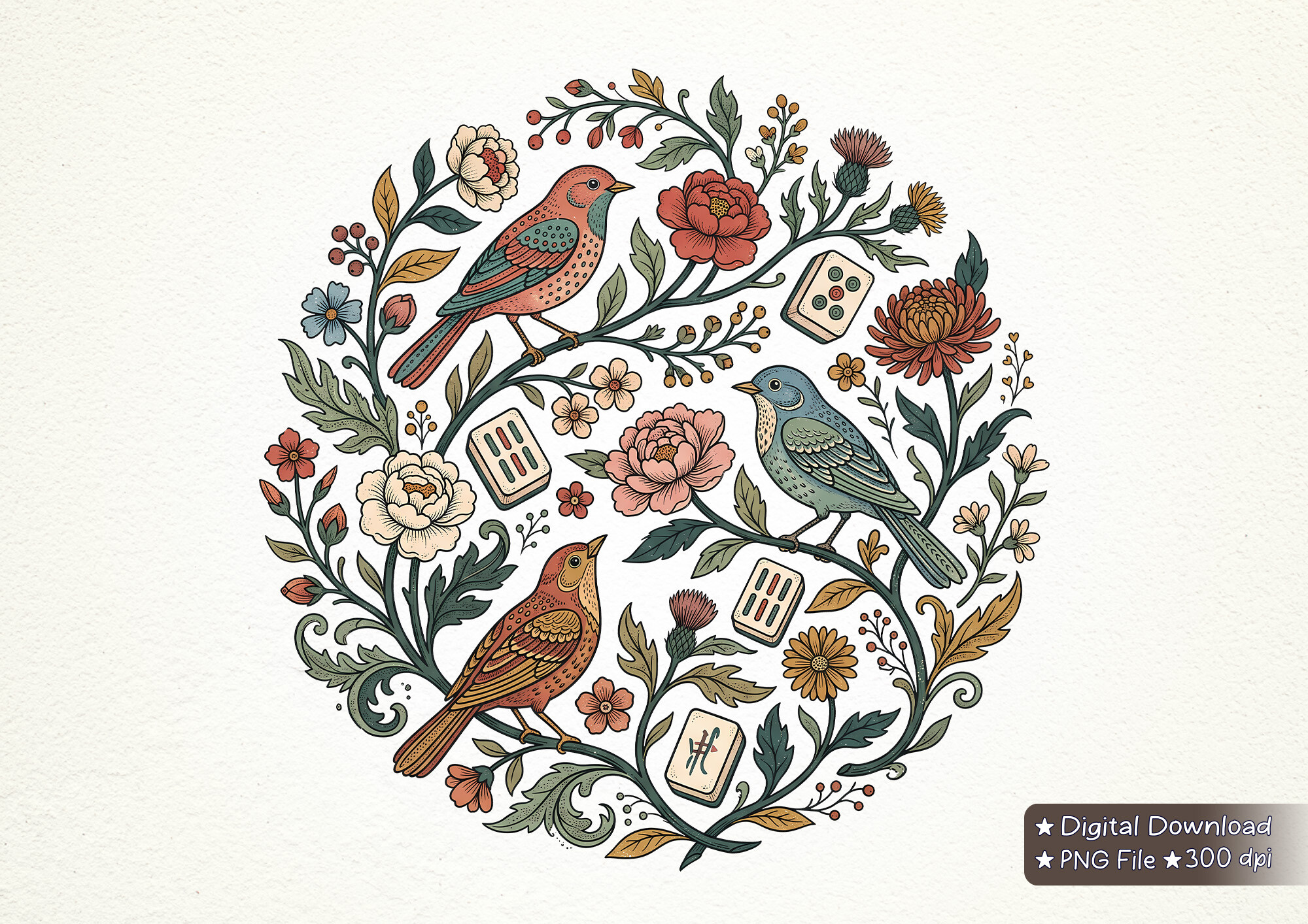 Vintage Mahjong Floral Birds PNG
