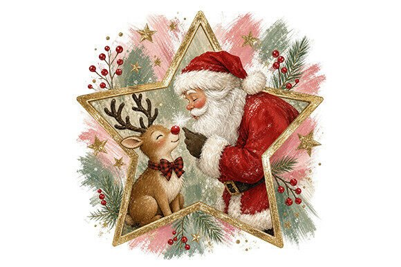 Vintage Santa Reindeer Christmas PNG