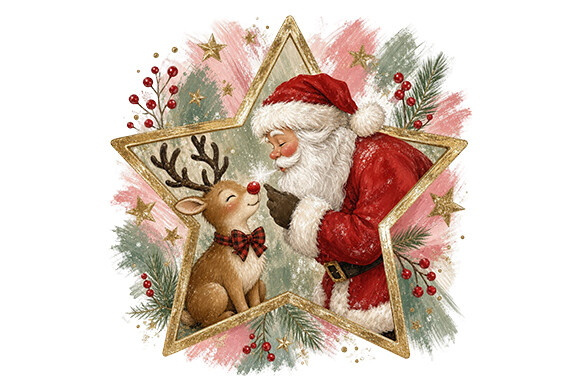 Vintage Santa Reindeer Christmas PNG