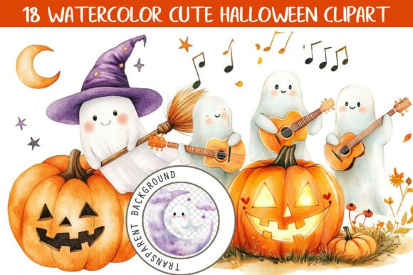 Watercolor Cute Halloween Clipart Bundle Graphics