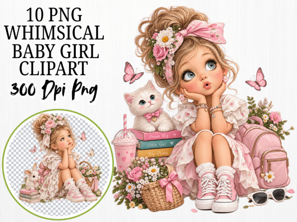 Whimsical Baby Girl Clipart, Floral Girl