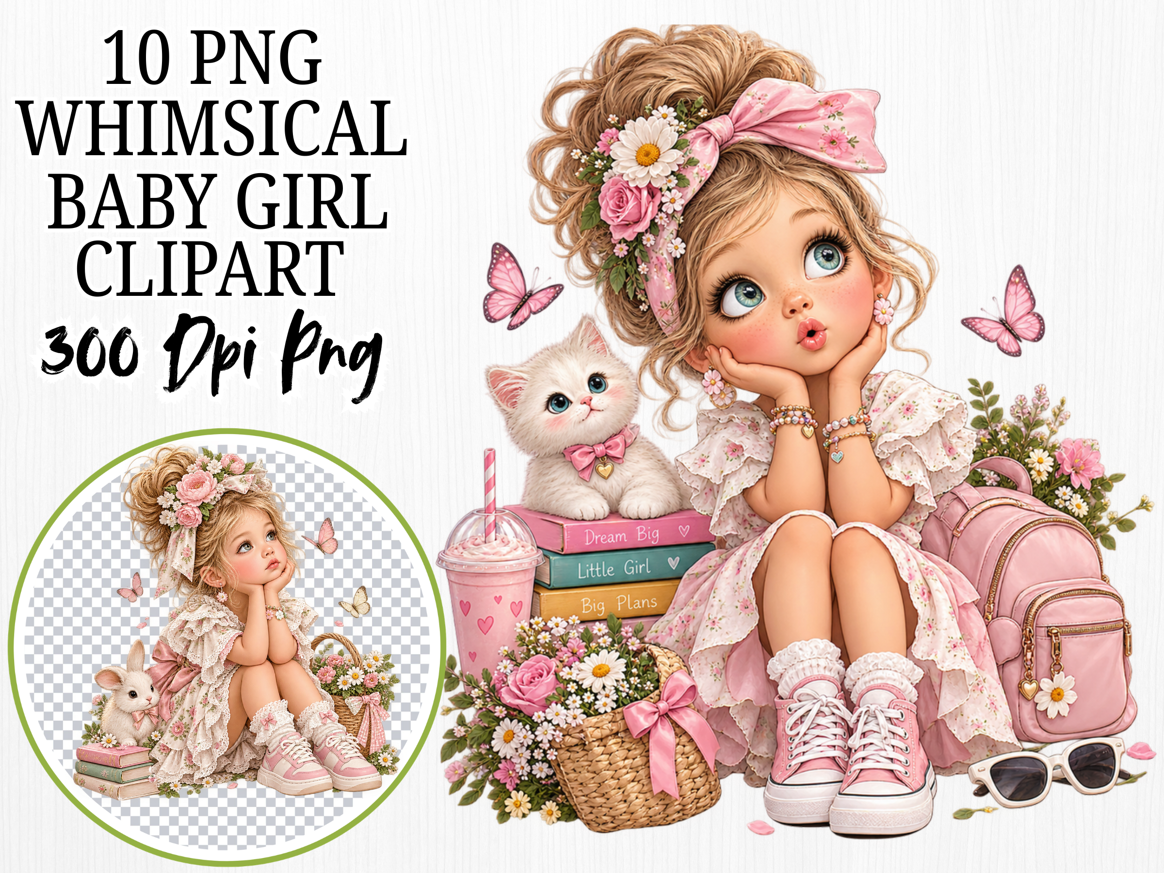 Whimsical Baby Girl Clipart, Floral Girl