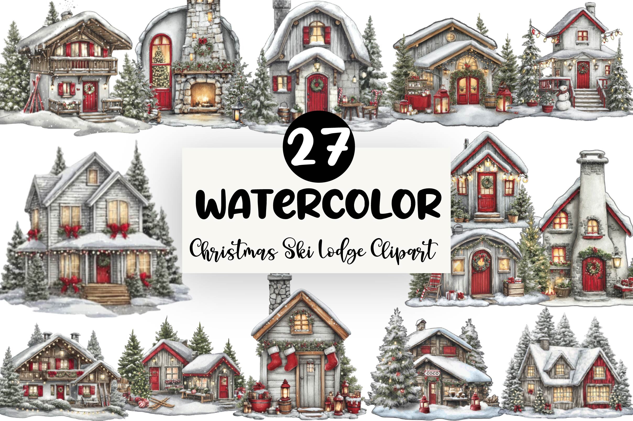 Whimsical Christmas Ski Lodge Clipart