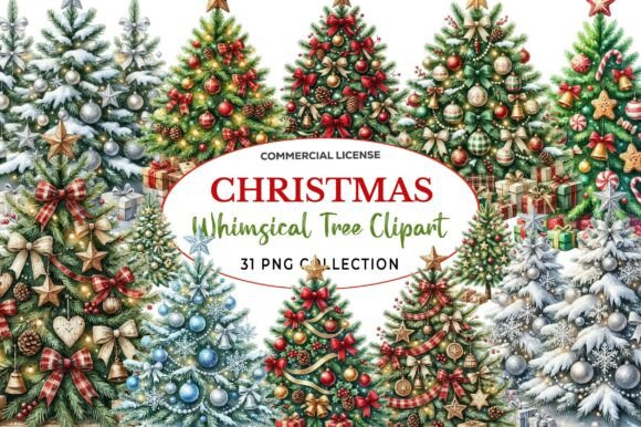 Whimsical Christmas Tree Clipart Bundle