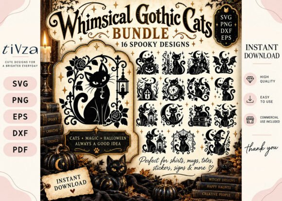 Whimsical Gothic Cats Halloween SVG Bundle