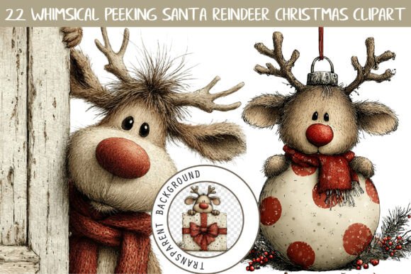Whimsical Peeking Santa Reindeer Clipart Graphics