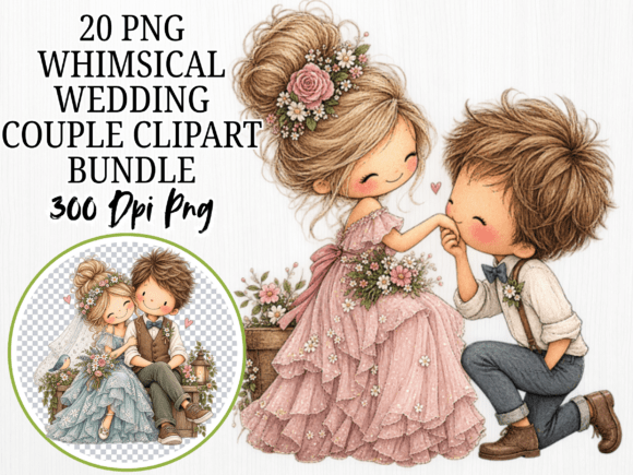 Whimsical Wedding Couple Clipart, Romant