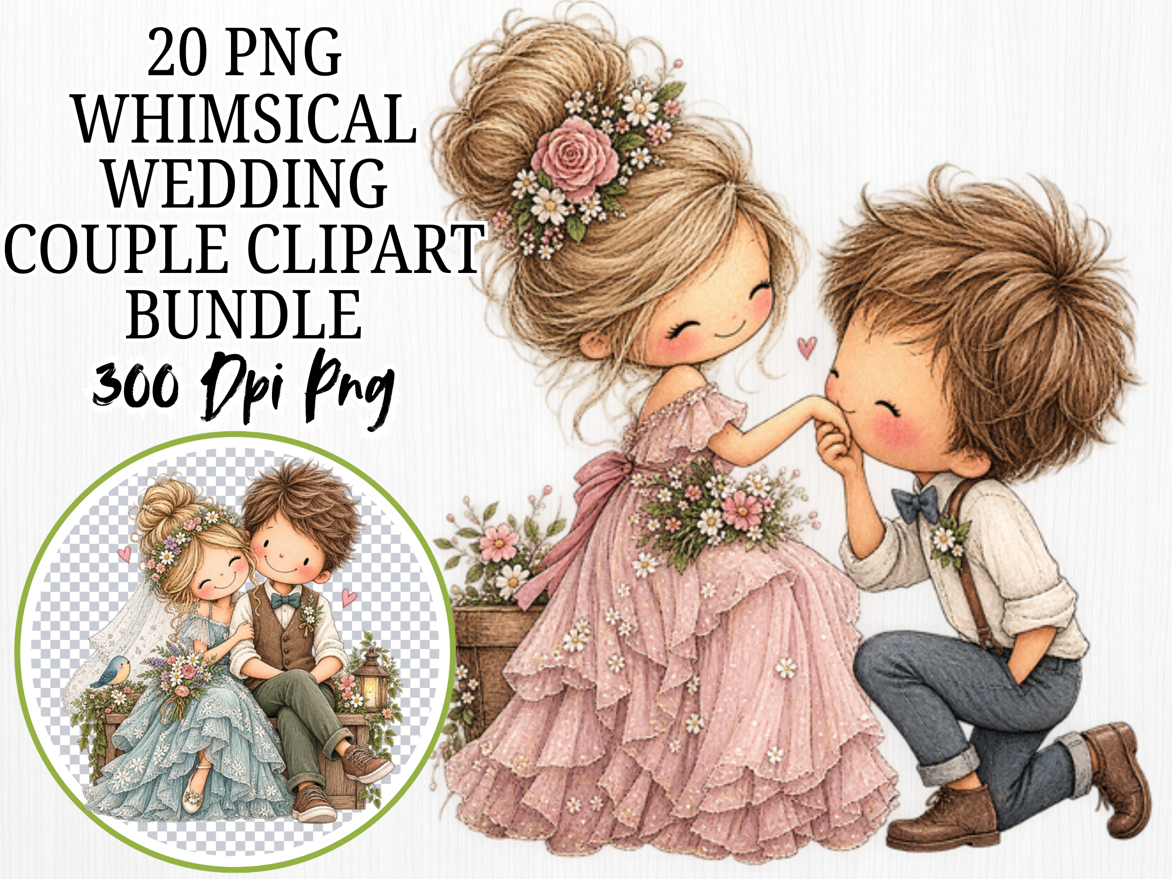 Whimsical Wedding Couple Clipart, Romant