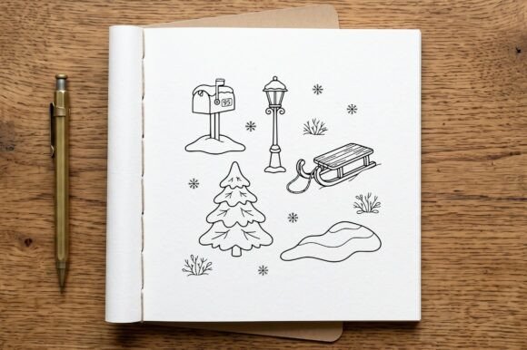 Winter Coloring Page Snow Scene Line Art