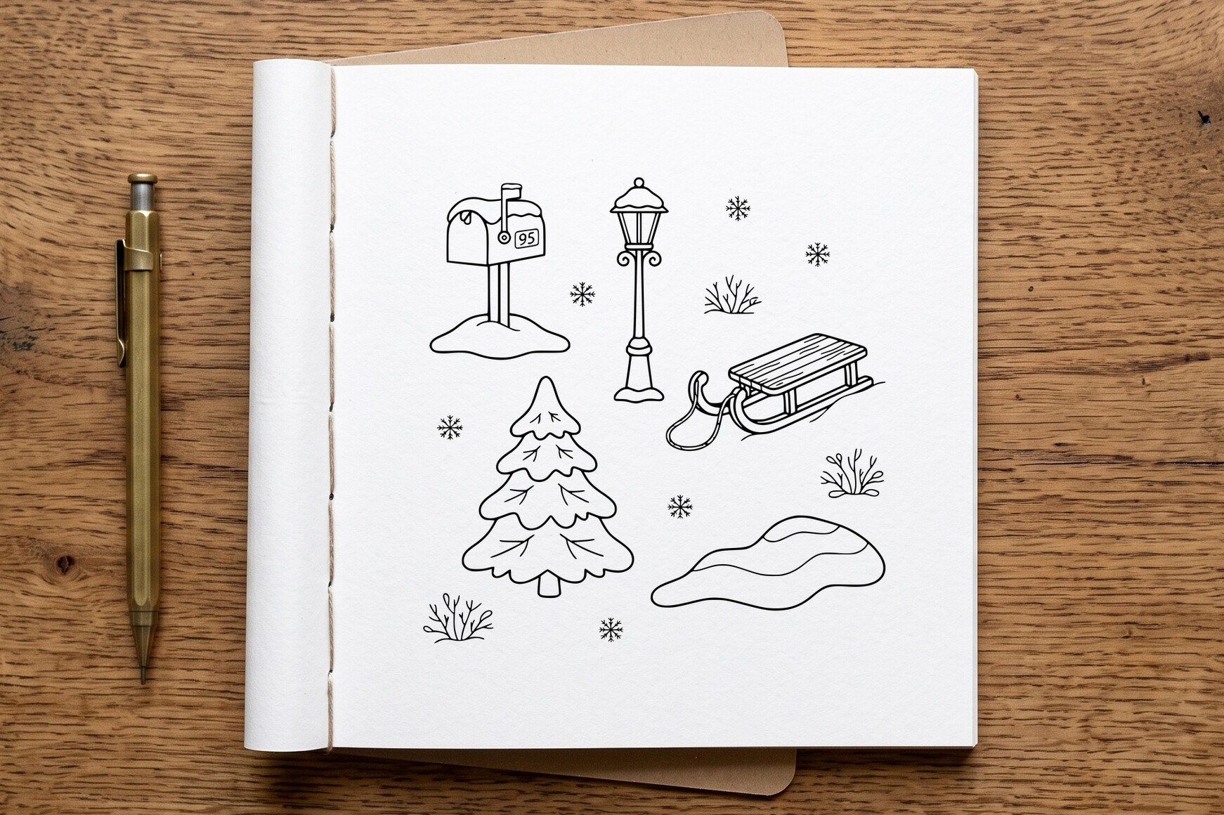 Winter Coloring Page Snow Scene Line Art