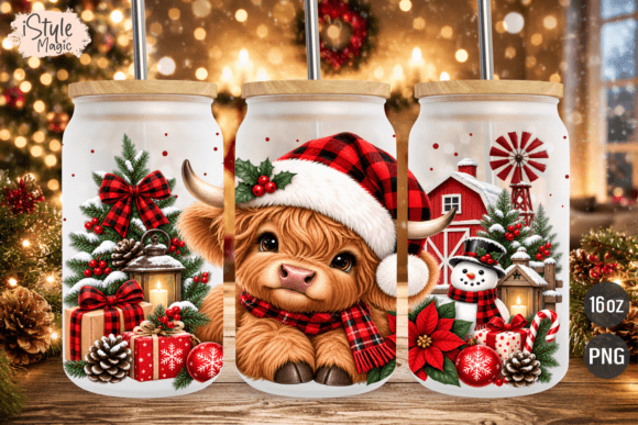 Christmas Highland Cow Glass Can Wrap