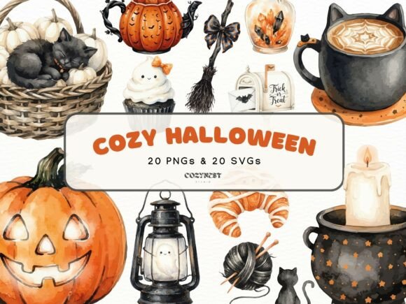 Cozy Halloween Watercolor Spooky Clipart