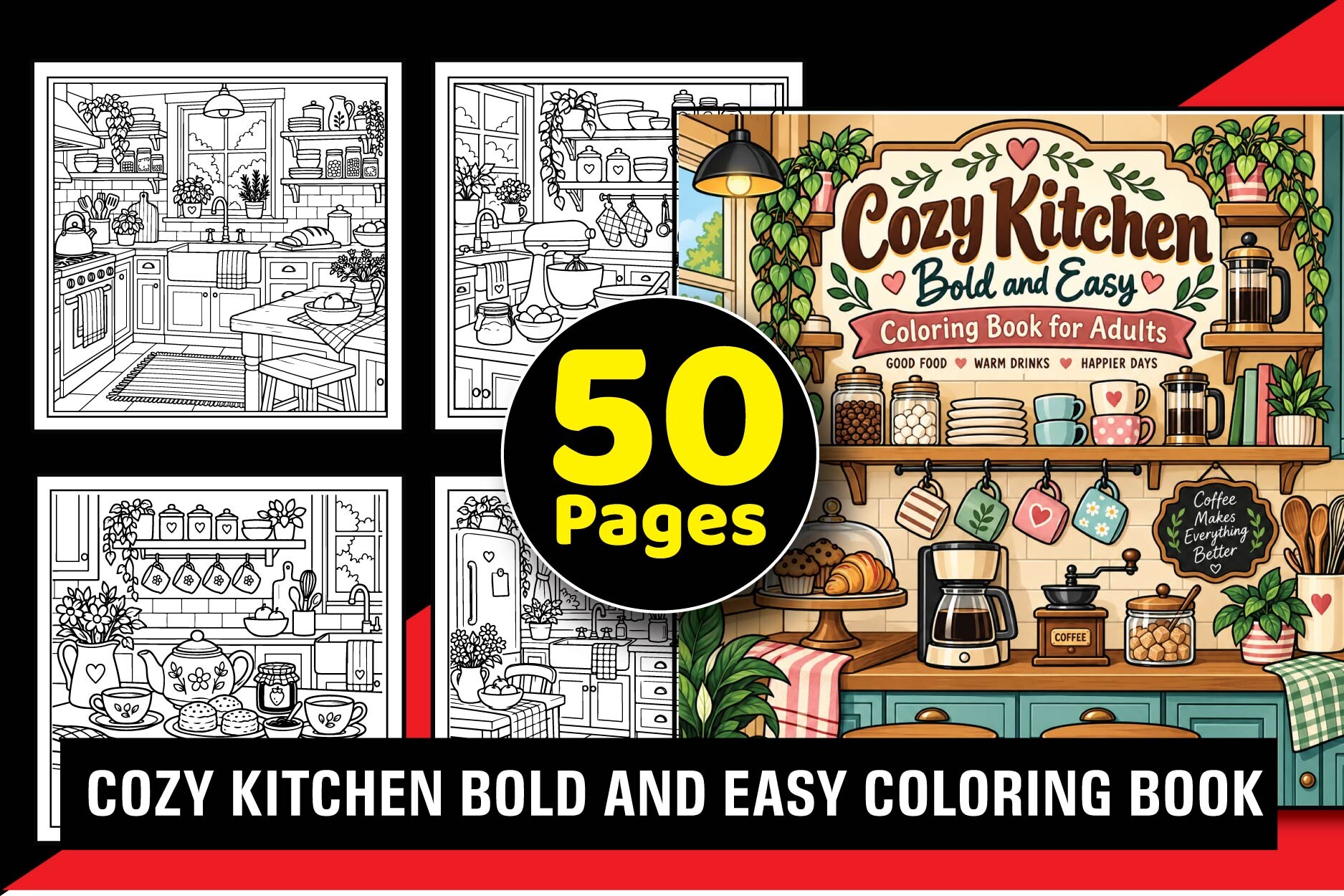 Cozy Kitchen Bold & Easy Coloring Book
