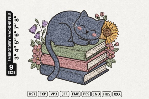 Cute Cat and Book Embroidered File