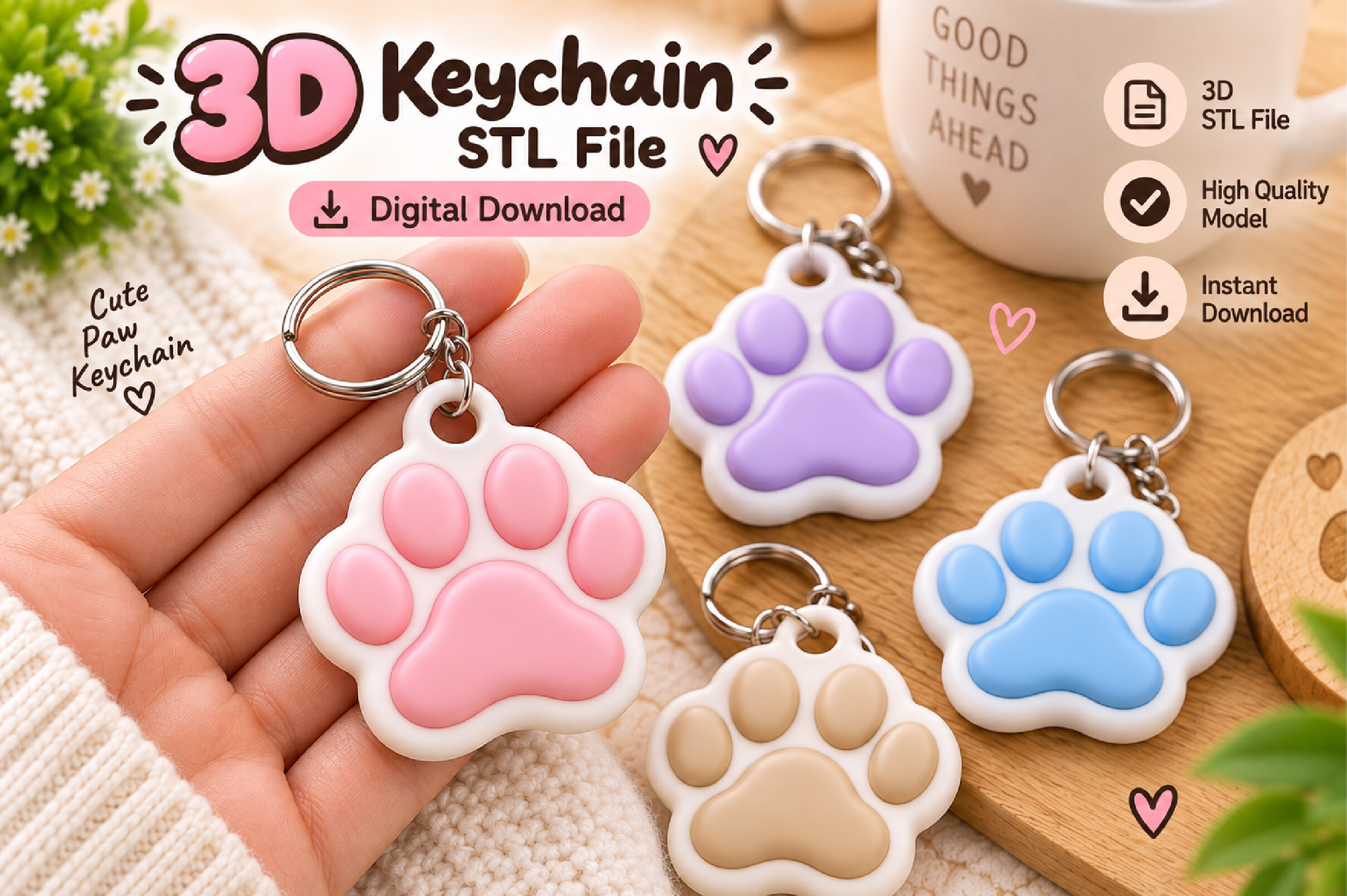 Cute Paw Keychain 3D STL File - Print-Ready Watertight Model for 3D Printing - Image 2