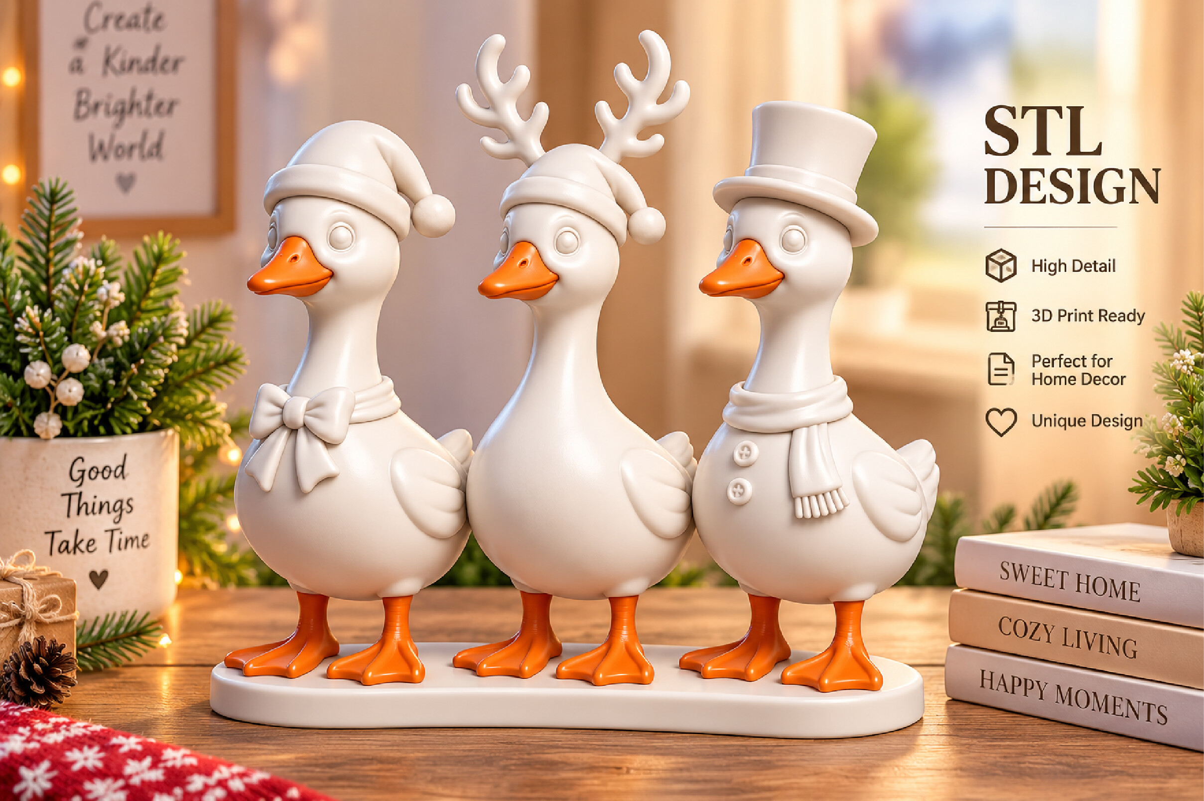 Holiday Goose 3D Print STL - Festive Santa Hat, Antlers & Top Hat Decor - Image 4