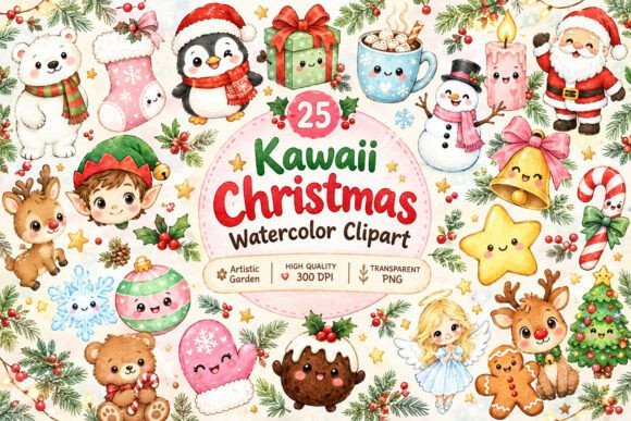 Kawaii Christmas Watercolor Clipart