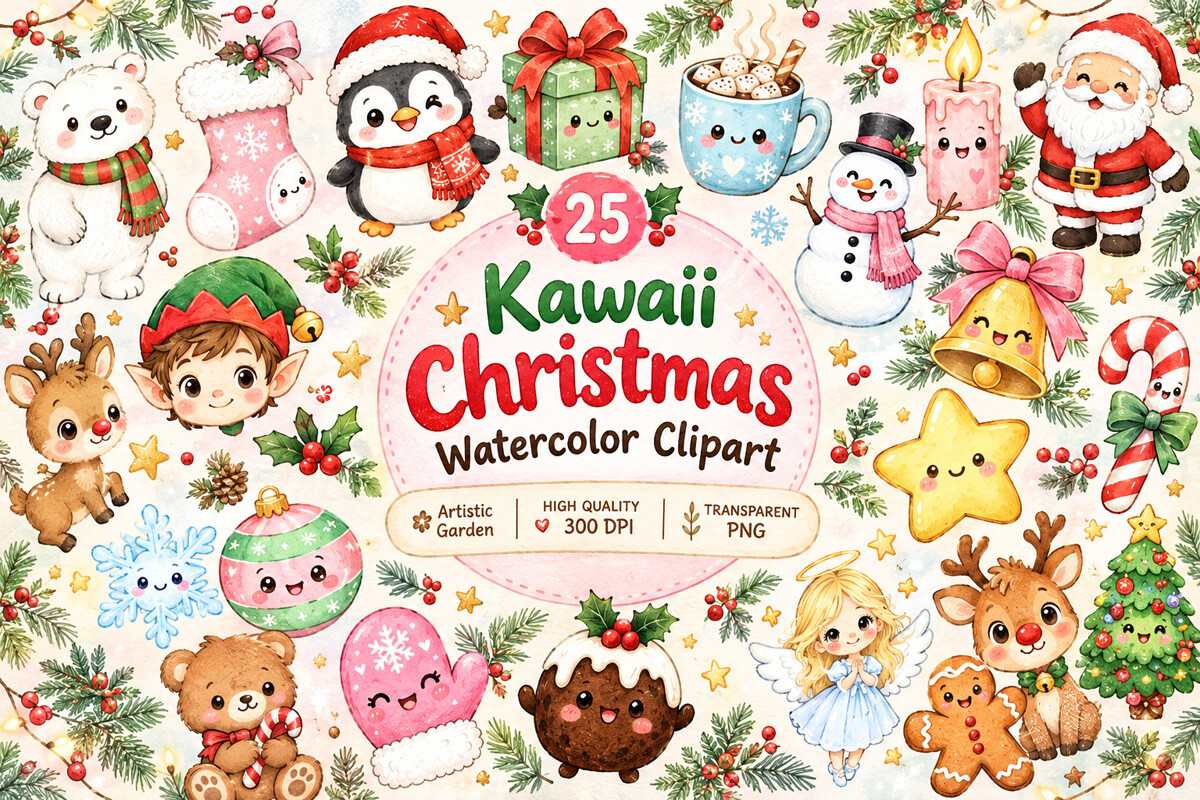 Kawaii Christmas Watercolor Clipart