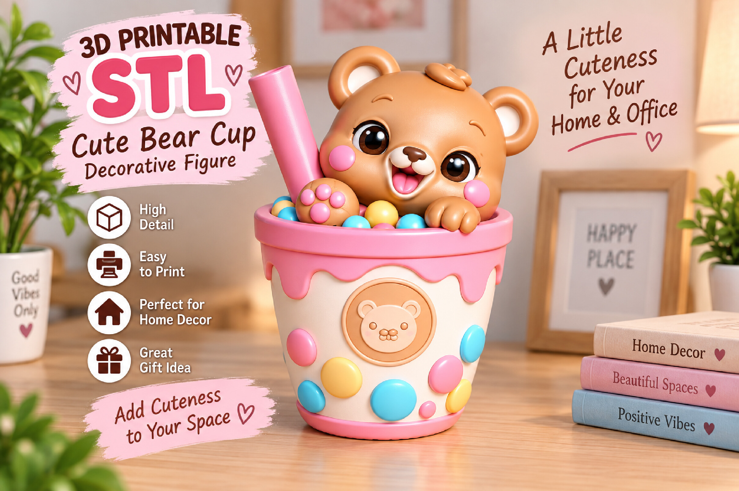 Kawaii Cute Bear Pencil Holder STL - 3D Printable Desk Decor & Pen Organizer - Image 4
