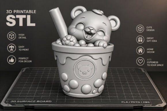 Kawaii Cute Bear Pencil Holder STL - 3D Printable Desk Decor & Pen Organizer - Image 2