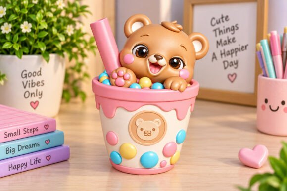 Kawaii Cute Bear Pencil Holder STL - 3D Printable Desk Decor & Pen Organizer - Image 3
