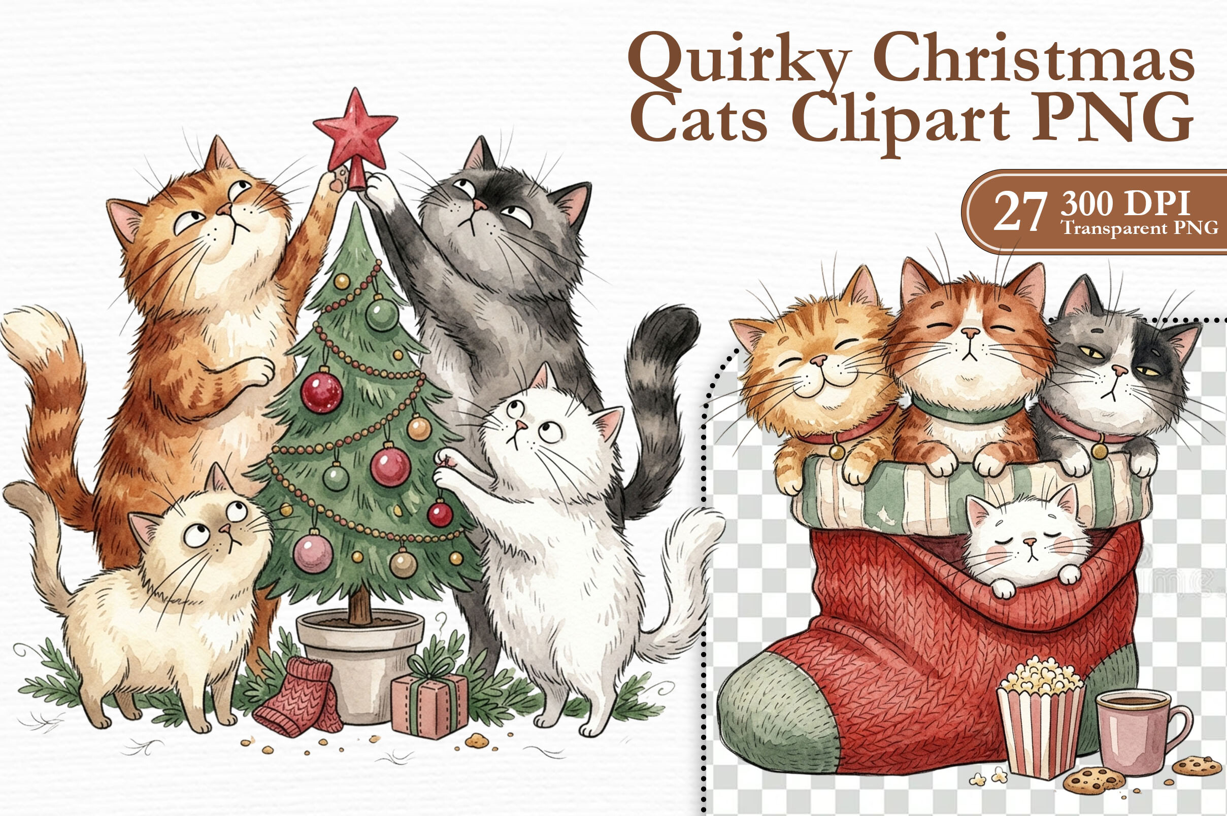 Quirky Christmas Cats Clipart PNG