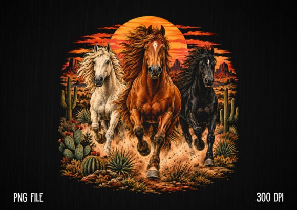 Retro Western Running Horses Sunset PNG
