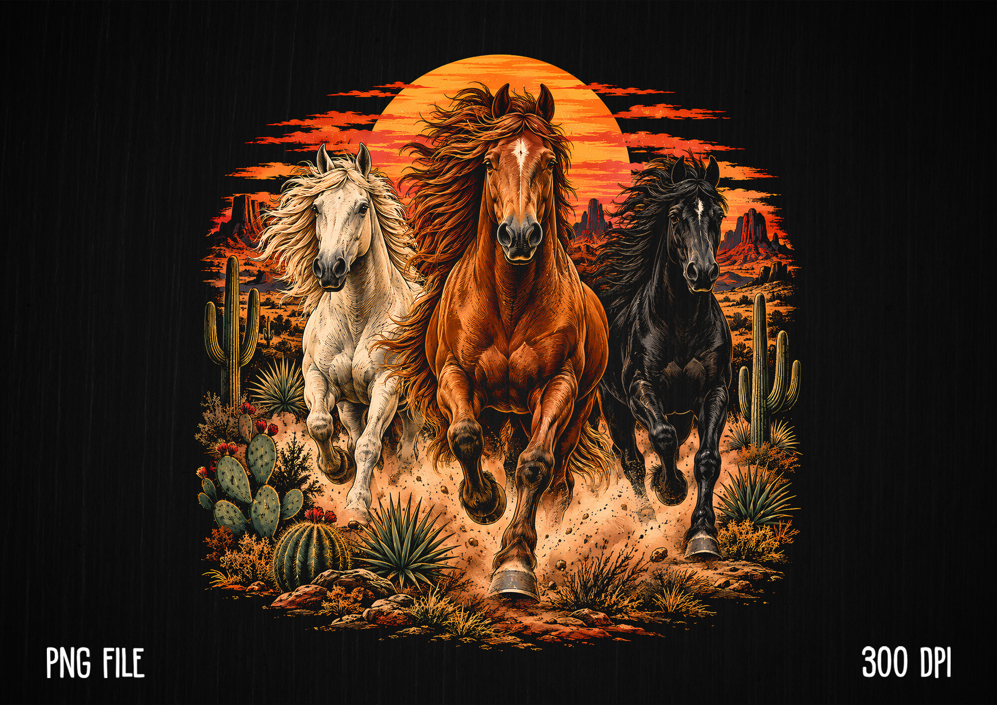 Retro Western Running Horses Sunset PNG