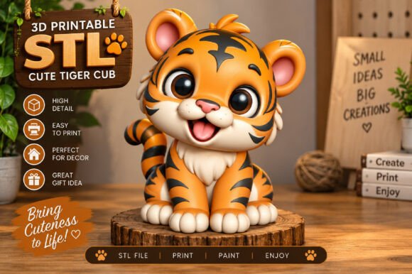 Cute Tiger Cub 3D Printable STL Model – Kawaii Seated Figurine for 3D Printing - Image 1
