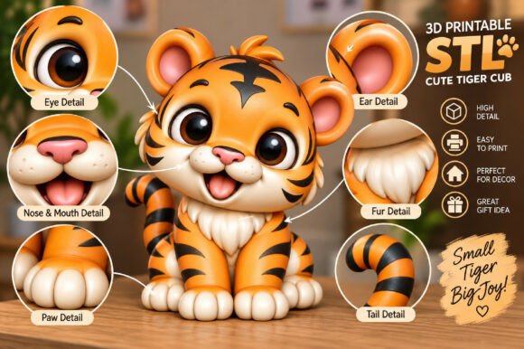 Cute Tiger Cub 3D Printable STL Model – Kawaii Seated Figurine for 3D Printing - Image 2