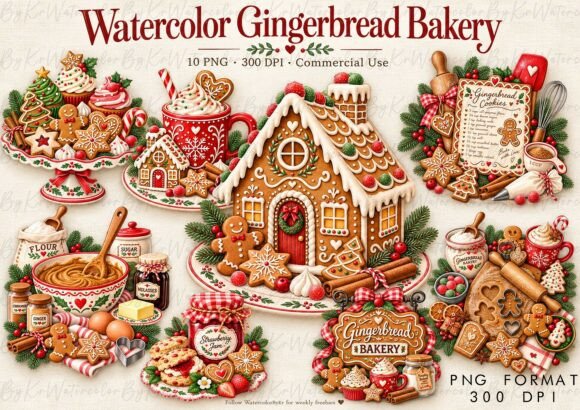 Watercolor Christmas Gingerbread Bakery