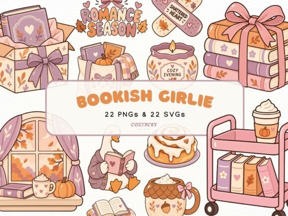 Bookish Girlie Fall Clipart, Cozy Autumn