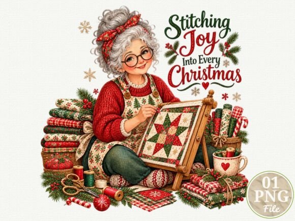 Cozy Christmas Grandma Sewing PNG, Chris