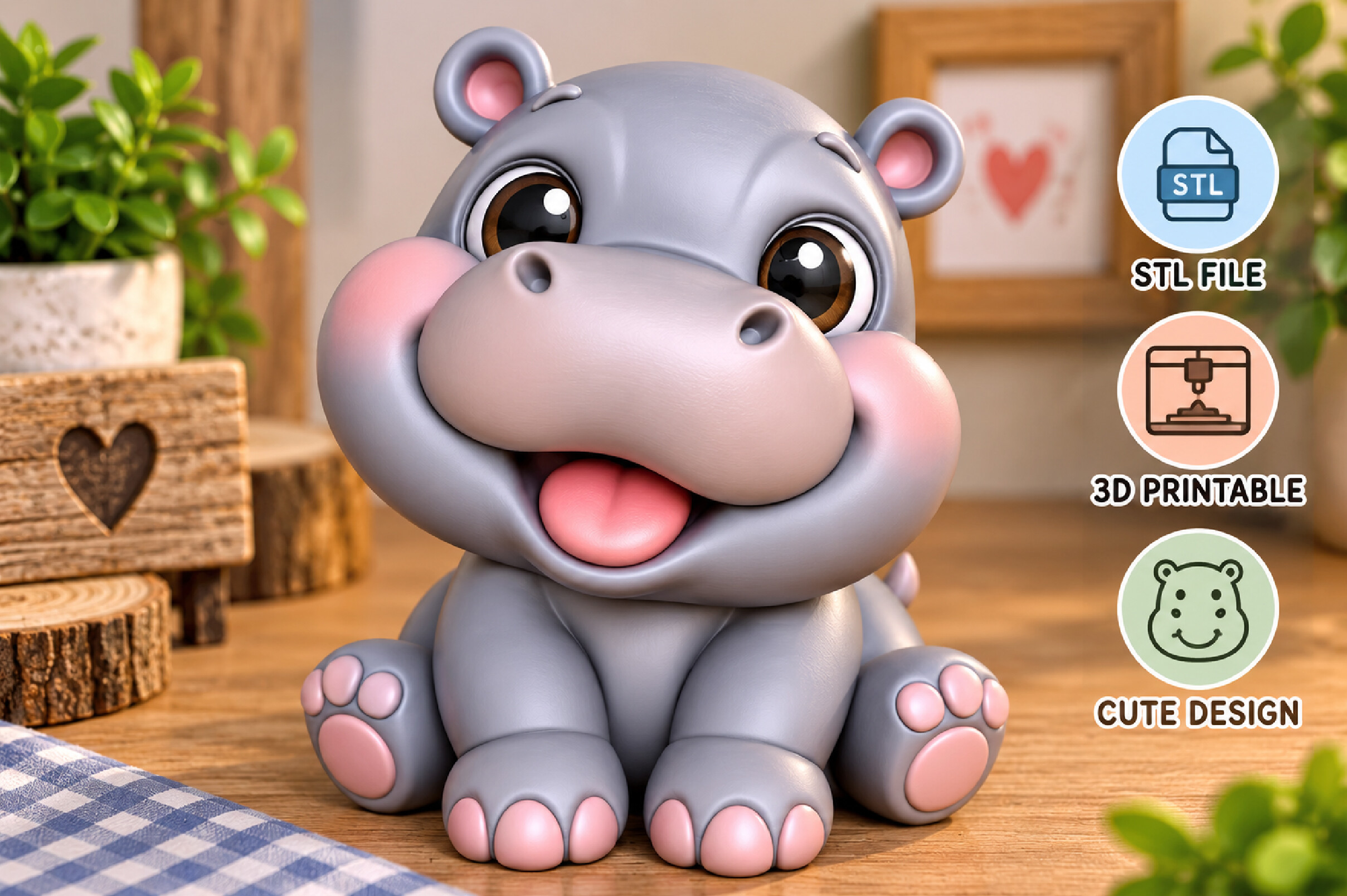 Cute Hippo 3D Print STL – Kawaii Seated Hippo Model for Desk Decor & Gifts - Image 4