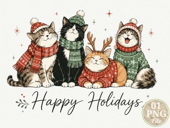 Happy Holidays Christmas Cats PNG, Cute
