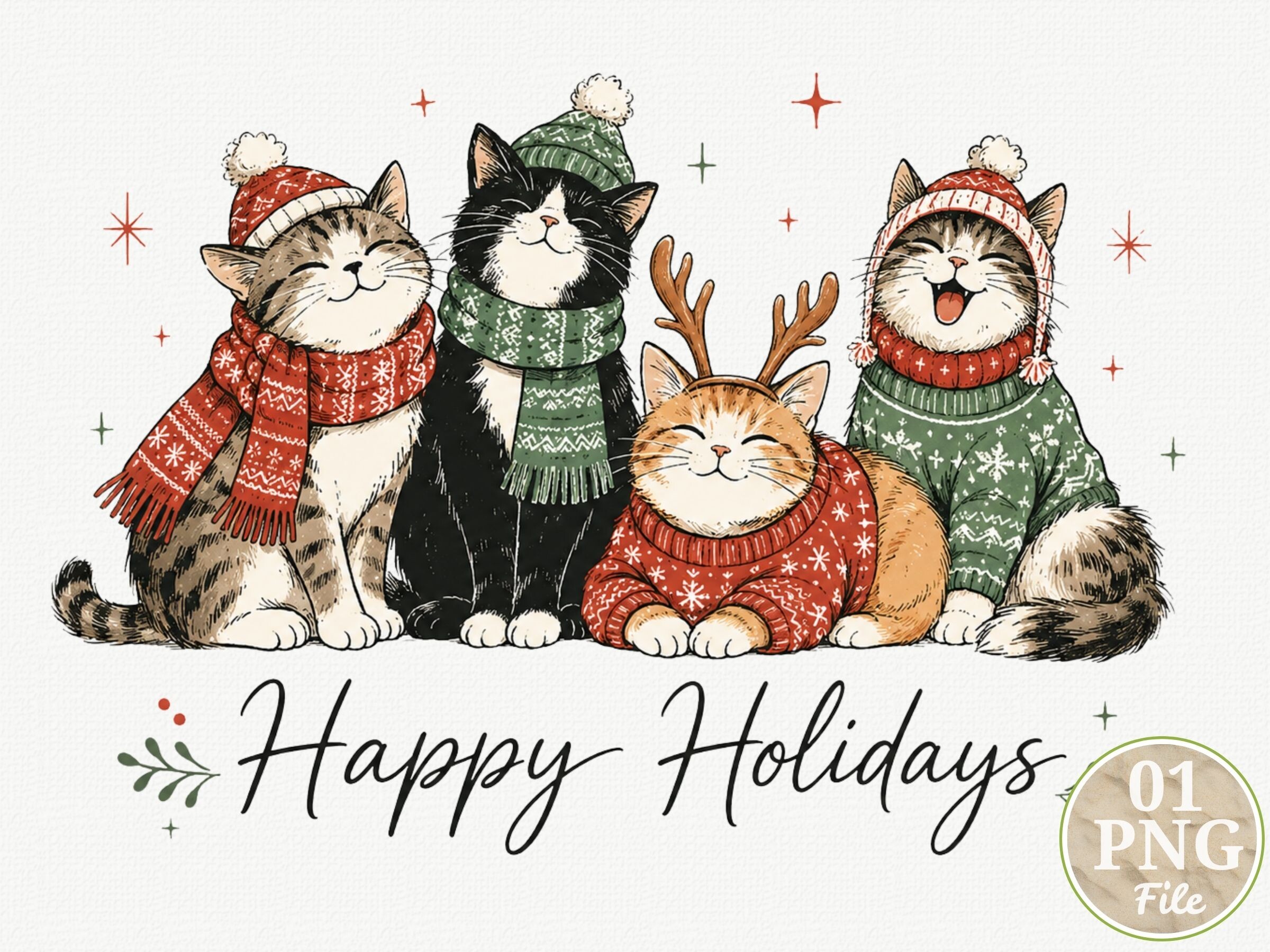 Happy Holidays Christmas Cats PNG, Cute