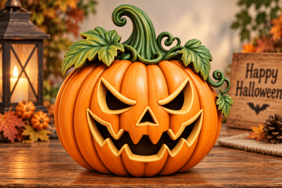 Jack O Lantern Pumpkin STL 3D Print Model – Halloween Pumpkin with Curled Stem - Image 2