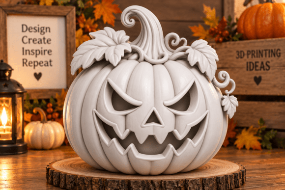Jack O Lantern Pumpkin STL 3D Print Model – Halloween Pumpkin with Curled Stem - Image 3
