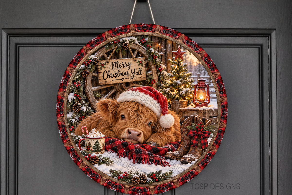 Merry Christmas Yall Highland Door Sign