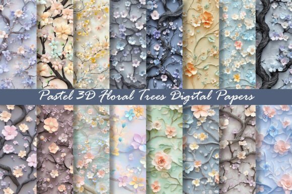 Pastel 3D Floral Trees Digital Papers