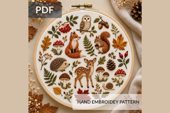 Woodland Animals Embroidery Pattern, Aut