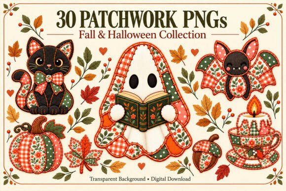30 Fall & Halloween Patchwork PNG Bundle