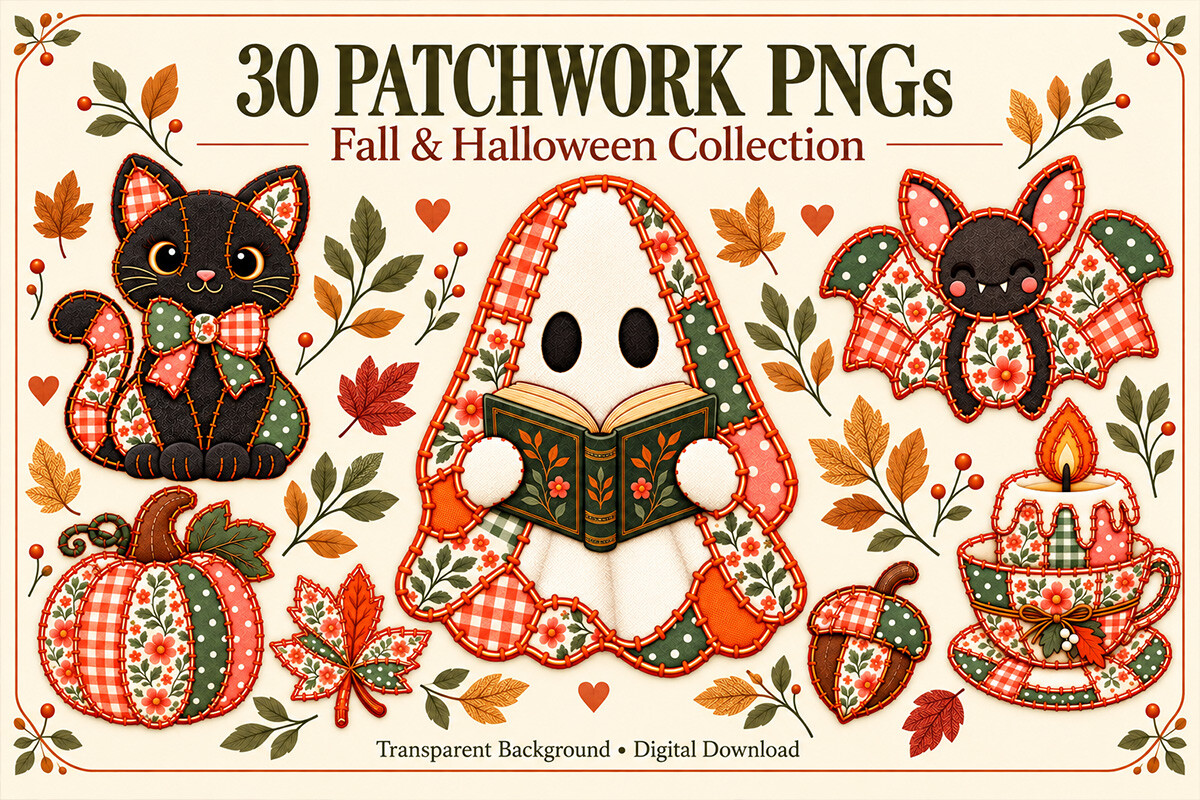 30 Fall & Halloween Patchwork PNG Bundle