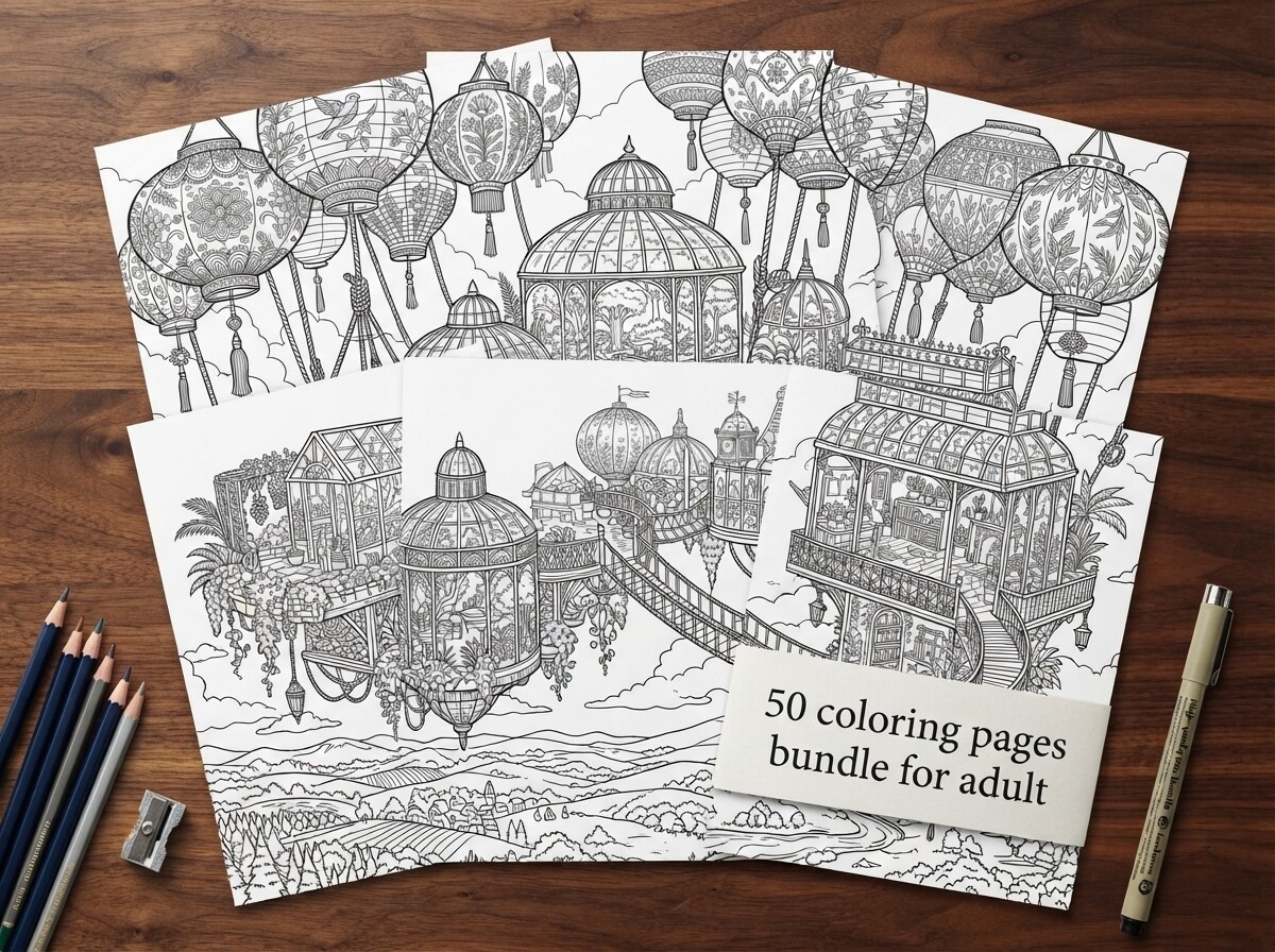 50 Floating Lantern Village Coloring