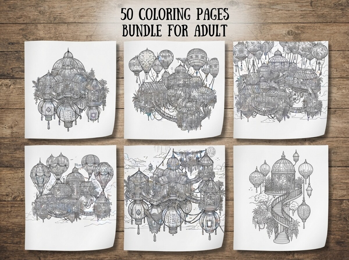 50 Floating Lantern Village Coloring