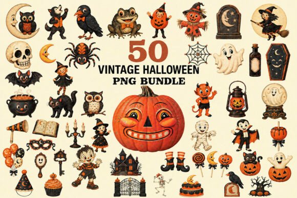 50 Vintage Halloween Clipart PNG Bundle